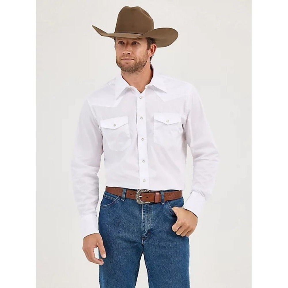 Wrangler Western Pearl Snap Shirt White Long Sleeve Broadcloth / Mens 20/35